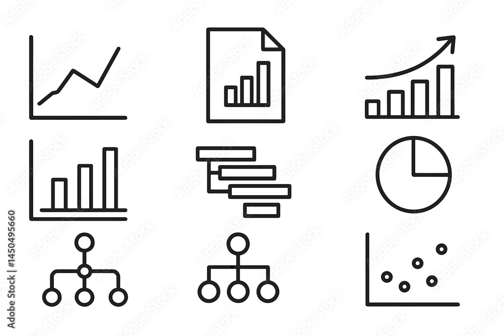 Poster vector illustration of various data visualization elements including graphs, charts, and flowcharts 