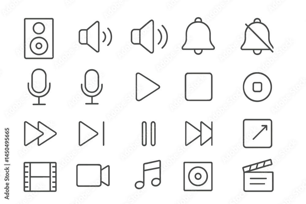Poster collection of flat vector icons representing audio, video, and playback controls in a minimalist des