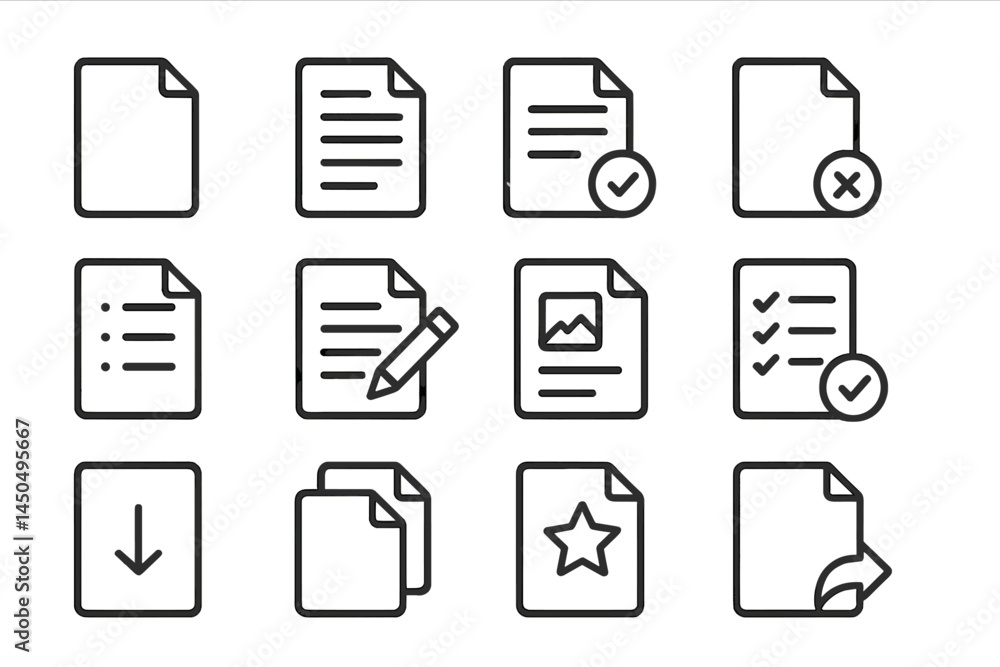 Poster flat vector illustration of various document icons arranged in a grid showcasing different types of 