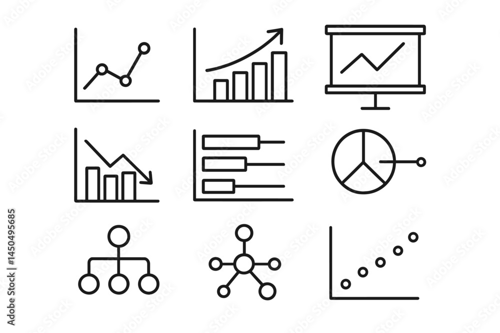 Poster vector illustration featuring various graphs and charts symbolizing data analysis and business growt