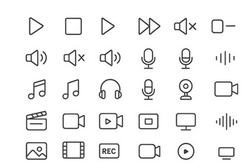 Icons for multimedia controls and sound features in a flat vector illustration style