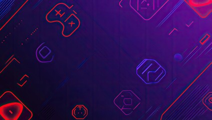 Abstract gaming background with vibrant purple and red neon outlines of game controllers and other gaming symbols on a dark background