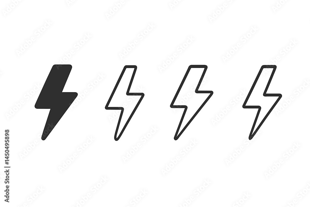Poster stylish flat vector lightning bolt icons in various thicknesses for modern design applications