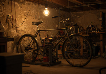 An ingenious bicycle setup generates electricity, illuminating a vintage garage with warm light.