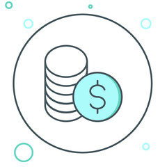 Line Coin money with dollar symbol icon isolated on white background. Banking currency sign. Cash symbol. Colorful outline concept. Vector
