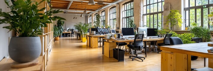 Modern open plan office space with natural light and plants