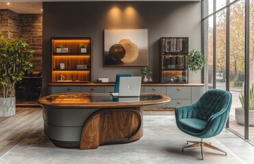 Modern office, wood desk, laptop, city view