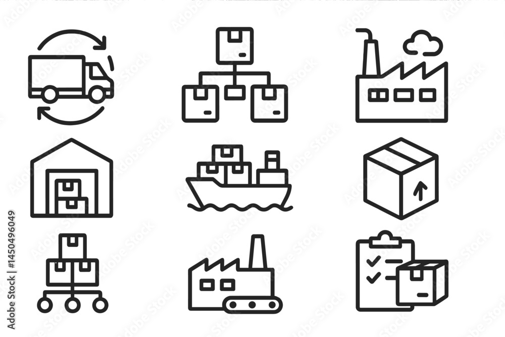 Poster flat vector illustration showing various logistics and transportation elements for efficient deliver