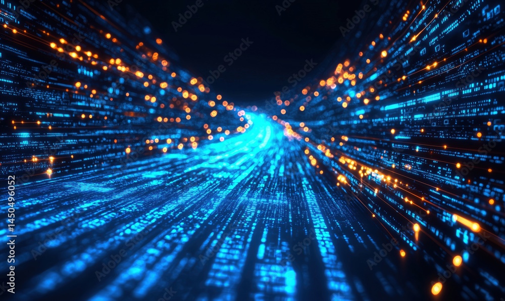 Poster digital data stream with glowing blue and orange particles in futuristic tunnel.
