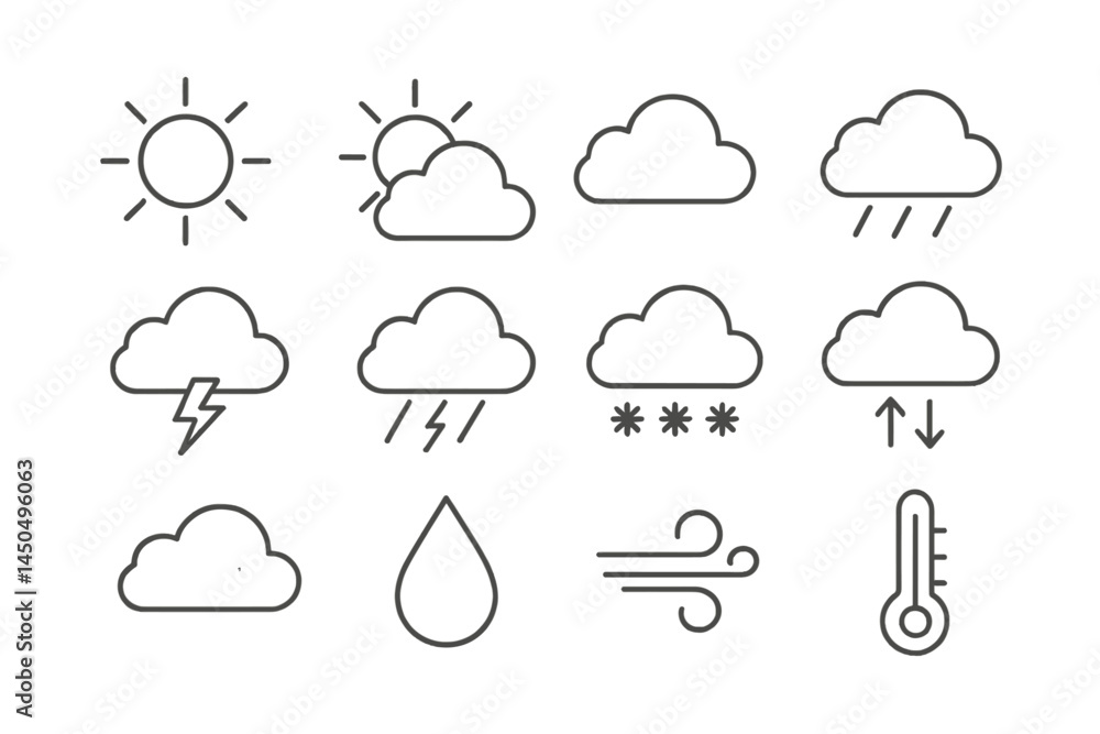 Poster weather symbols display different atmospheric conditions in a flat vector illustration format