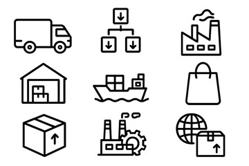 Logistics and supply chain management concepts represented in flat vector illustrations showcasing transportation and warehousing