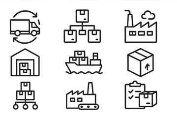 Flat vector illustration showing various logistics and transportation elements for efficient delivery and storage systems in modern industry