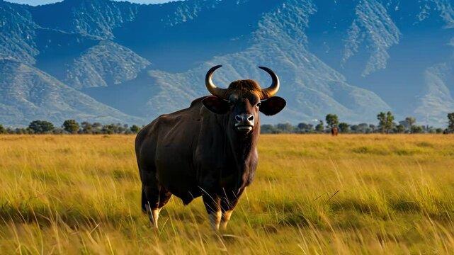 A majestic gaur (Indian bison) in a serene grassland with mountains.