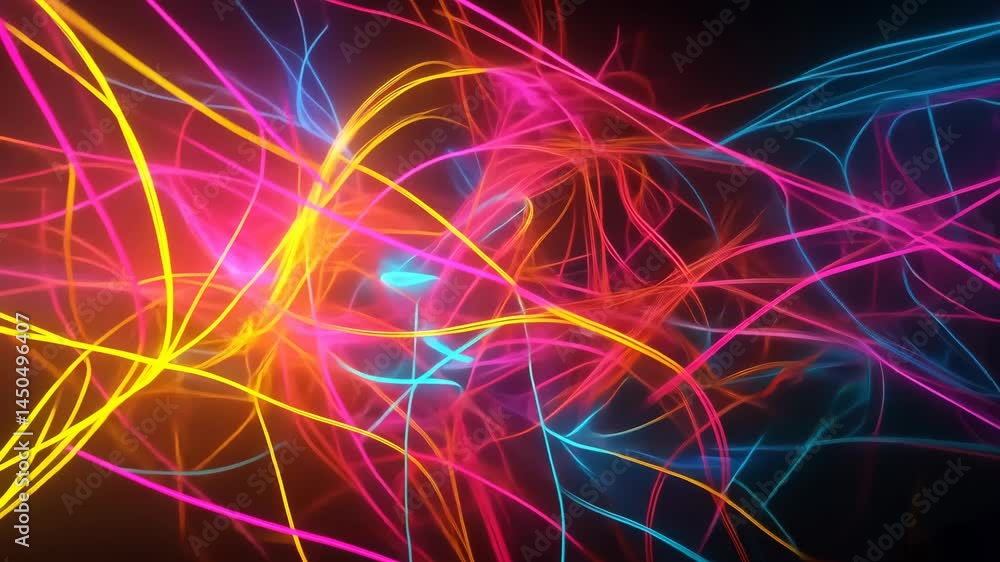 Poster vibrant neon light trails creating dynamic abstract patterns on black background