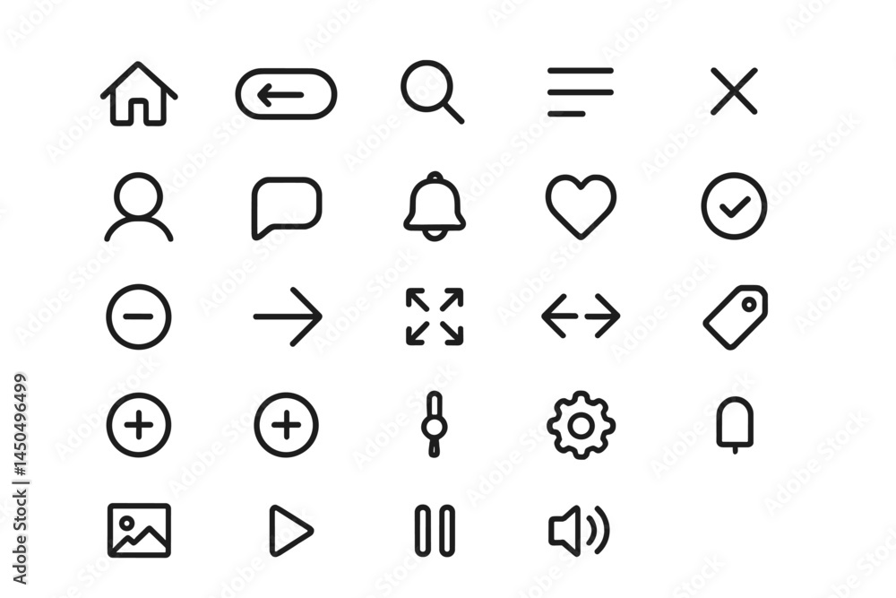 Poster collection of flat vector icons representing various user interface elements for digital application