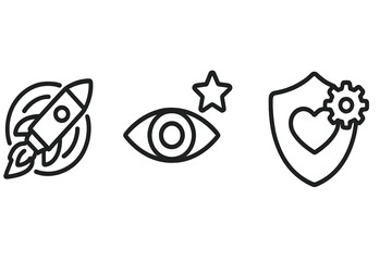 Creative flat vector illustration showcasing a rocket, an eye with a star, and a shield symbolizing protection and innovation