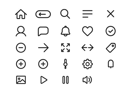 Collection of flat vector icons representing various user interface elements for digital applications
