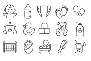 Illustration of baby care essentials including toys, clothing, and feeding items in a flat vector style