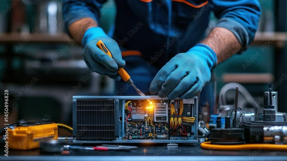 Poster technician working on an electronic circuit board with tools in modern workshop - close-up shot high