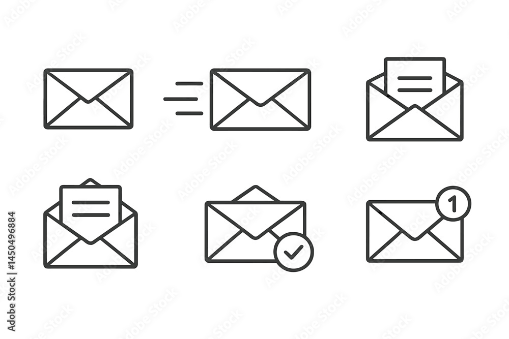 Poster flat vector illustration of email communication with various stages of message sending and receiving