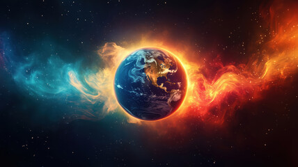 Fototapeta premium Earth surrounded by cosmic flames and colorful nebulae in space.