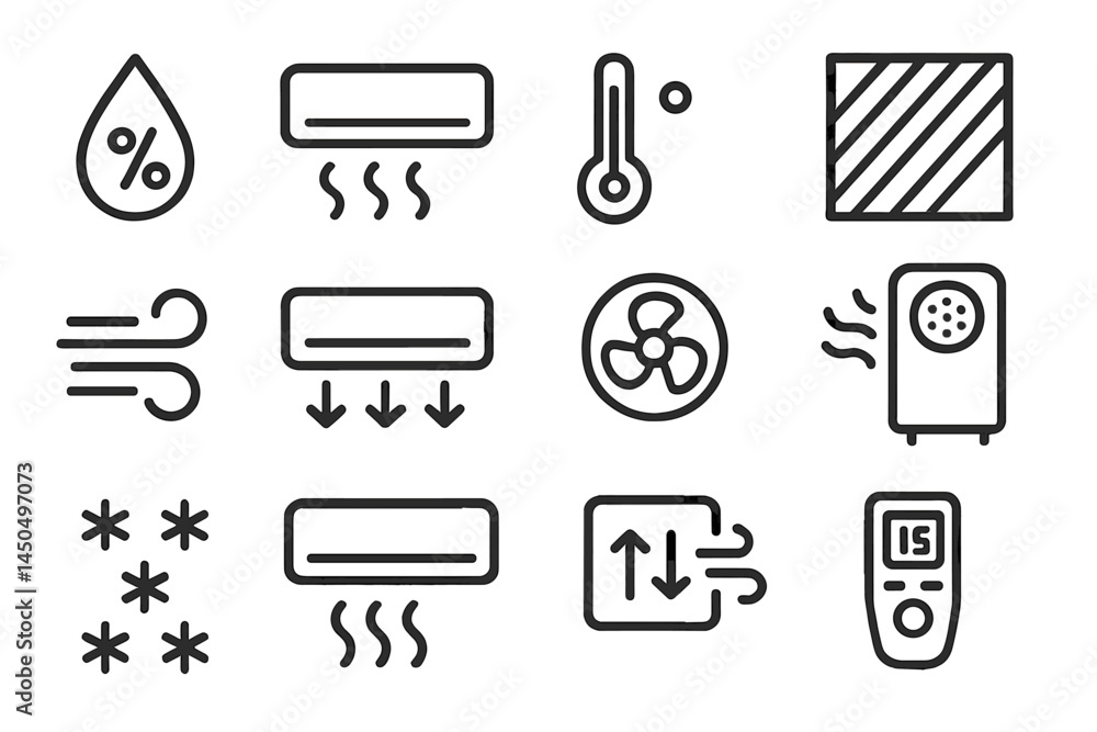 Poster flat vector illustration depicting various elements related to climate control and air conditioning 