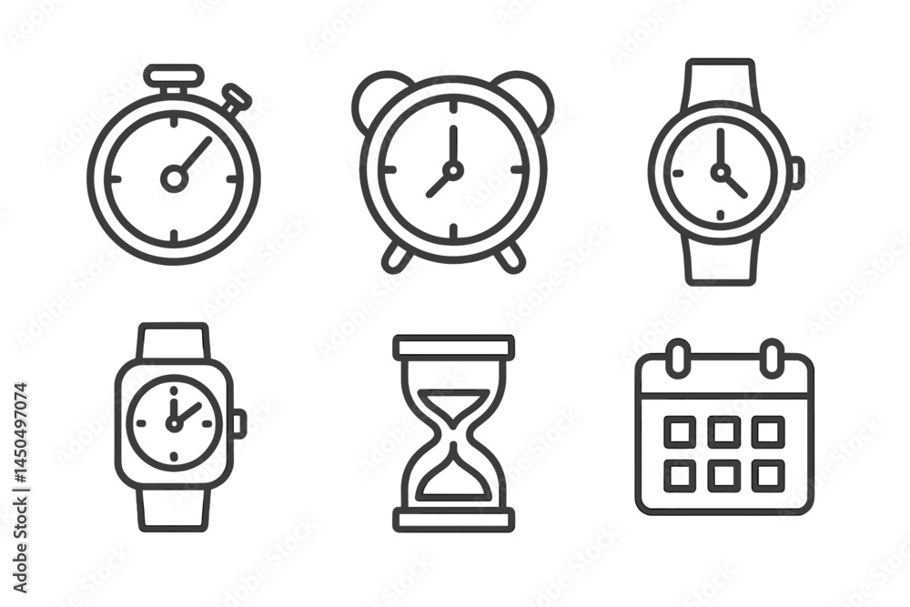Poster collection of flat vector illustrations depicting various clocks and timekeeping devices in simple, 
