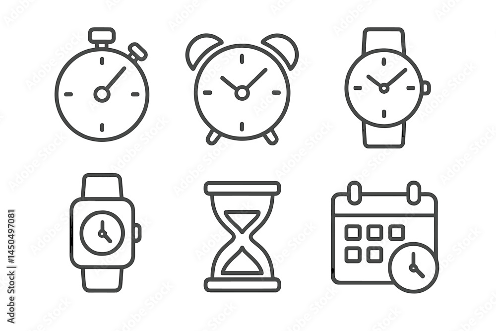 Poster collection of flat vector illustrations depicting various types of clocks and timekeeping devices in