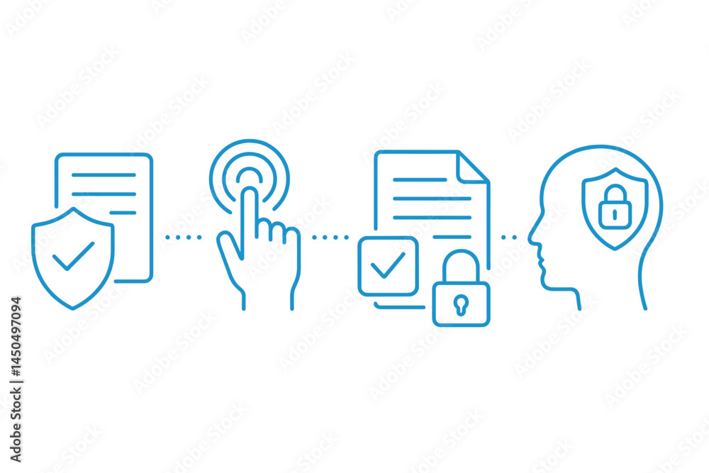 Poster secure data management process illustrated with simple vector icons highlighting action points in a 