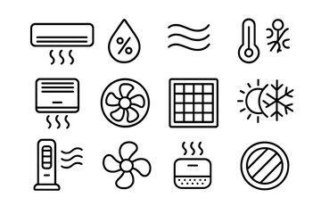 Vector illustration of various cooling and heating symbols including thermostat, fan, and humidity icon in monochrome style