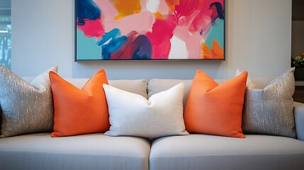 Modern living room couch with colorful artwork and decorative pillows.