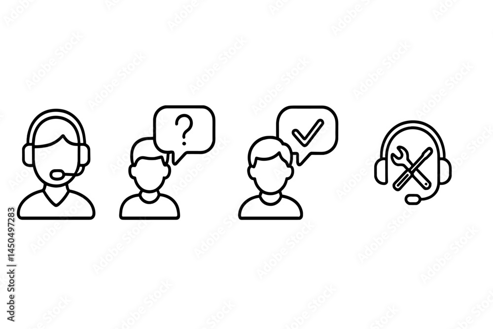 Poster support process illustrated with four distinct flat vector characters engaged in conversation and pr