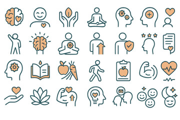 This flat vector illustration features a collection of icons representing mental health and wellness concepts