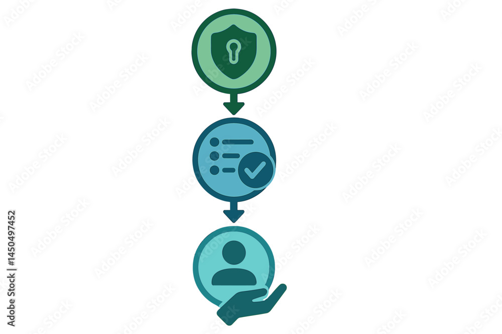 Poster security process illustration showcasing data protection, verification, and user access in a simplif