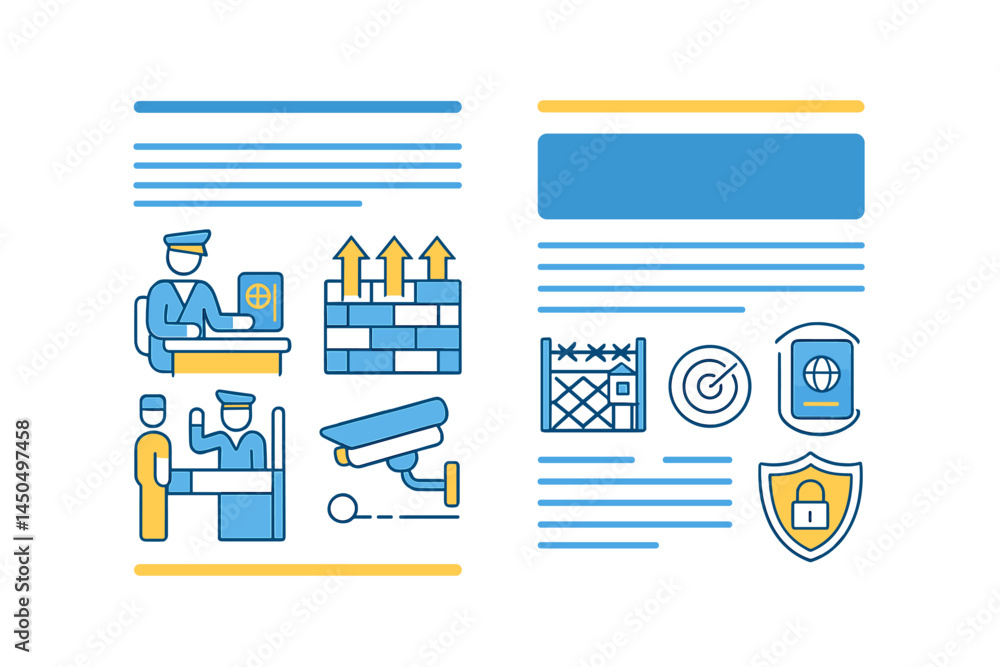 Poster security measures and surveillance illustrated in flat vector style showcasing various activities an