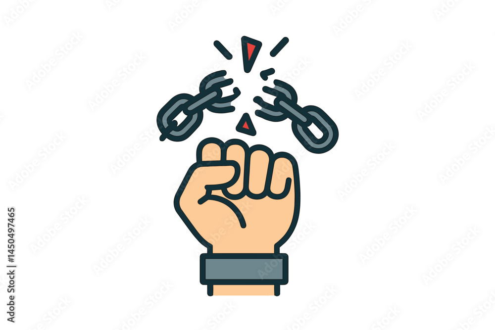 Poster breaking free symbol with a clenched fist and shattered chains in a flat vector style