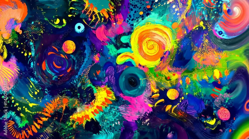 Poster vibrant abstract animation: dynamic paint swirls and explosive colors in motion