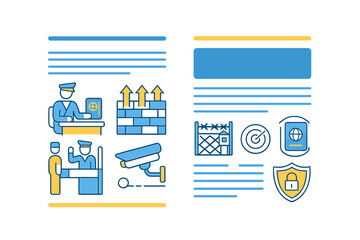 Security measures and surveillance illustrated in flat vector style showcasing various activities and technologies used in safety practices