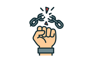 Breaking free symbol with a clenched fist and shattered chains in a flat vector style
