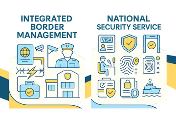 Integrated border management and national security service flat vector illustration showcasing various security and regulatory elements