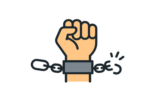 Symbolic representation of freedom with a broken chain and raised fist in a flat vector style