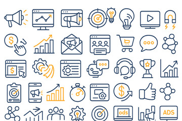 Flat vector illustration featuring digital marketing icons in a cohesive design for online business strategies