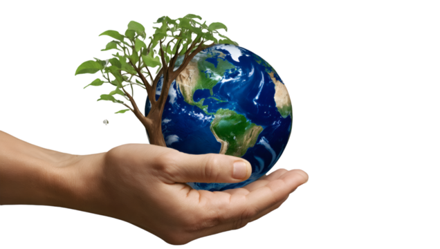 earth in hand isolated on white background