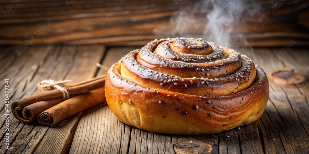 Poster a freshly baked cinnamon roll with a glimmering glaze and a puff of steam on a rustic wooden table