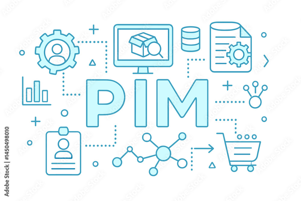 Poster flat vector illustration depicting product information management concepts in a digital environment 