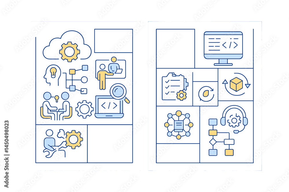 Poster exploring digital technology concepts through flat vector illustrations showcasing coding and teamwo