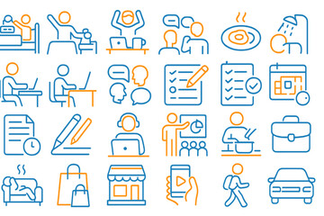 Flat vector illustration showcasing various daily activities and interactions in a modern lifestyle setup