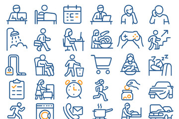 Daily activities represented through flat vector illustrations showcasing various tasks and routines in modern life