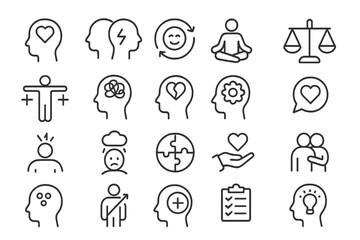 Fototapeta premium Vector illustration depicting various aspects of mental health, wellness, and personal growth through diverse symbols and icons