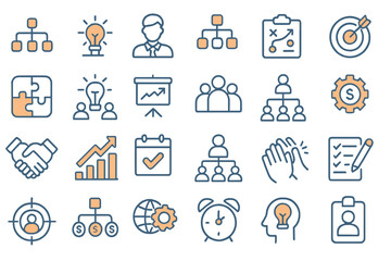 Modern flat vector icons represent business concepts such as strategy, teamwork, and success metrics in a minimalistic style